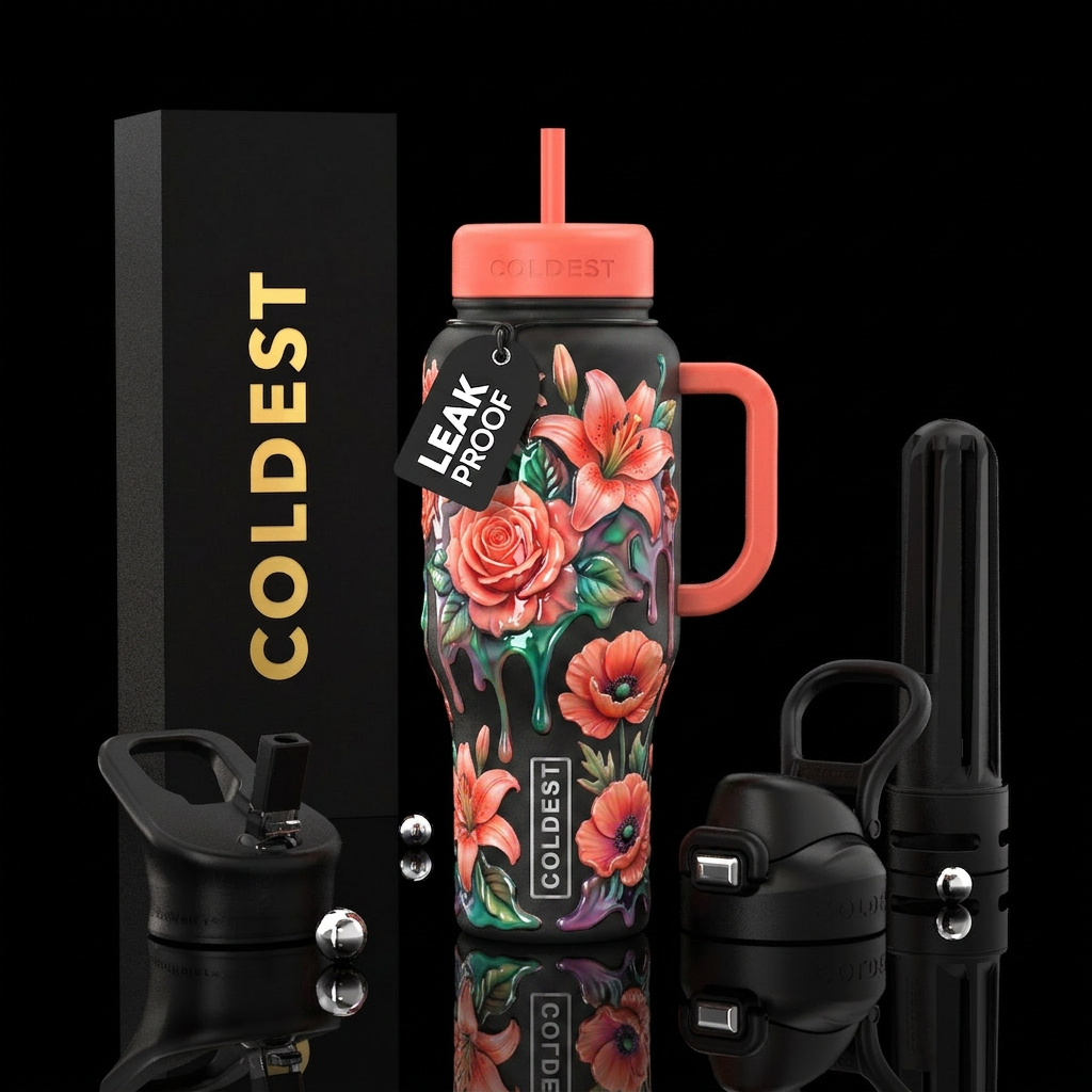Coral color,, flowers, melting, shing, colorful water bottle design