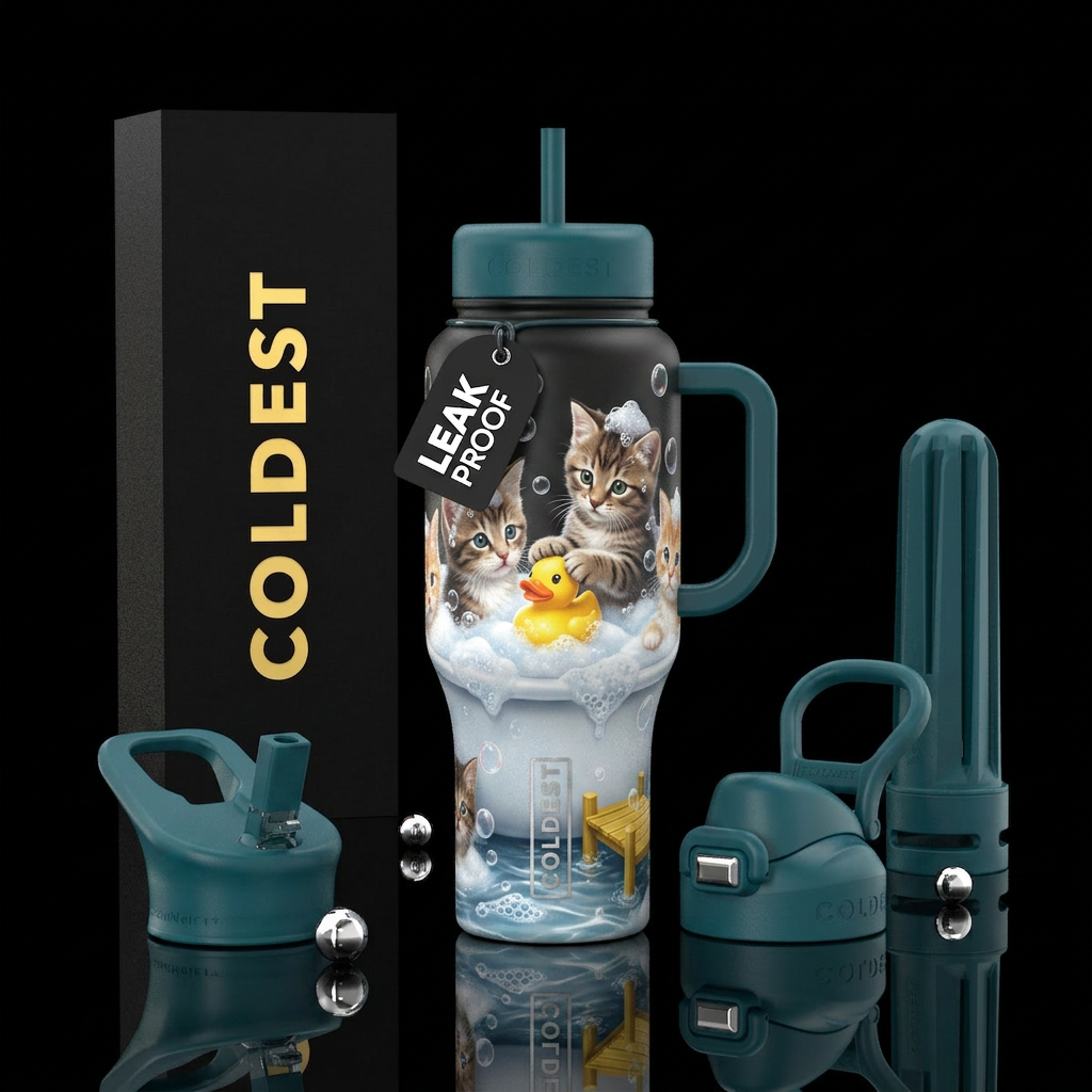 Kittens in a bubble bath playing w/ a yellow dock water bottle design