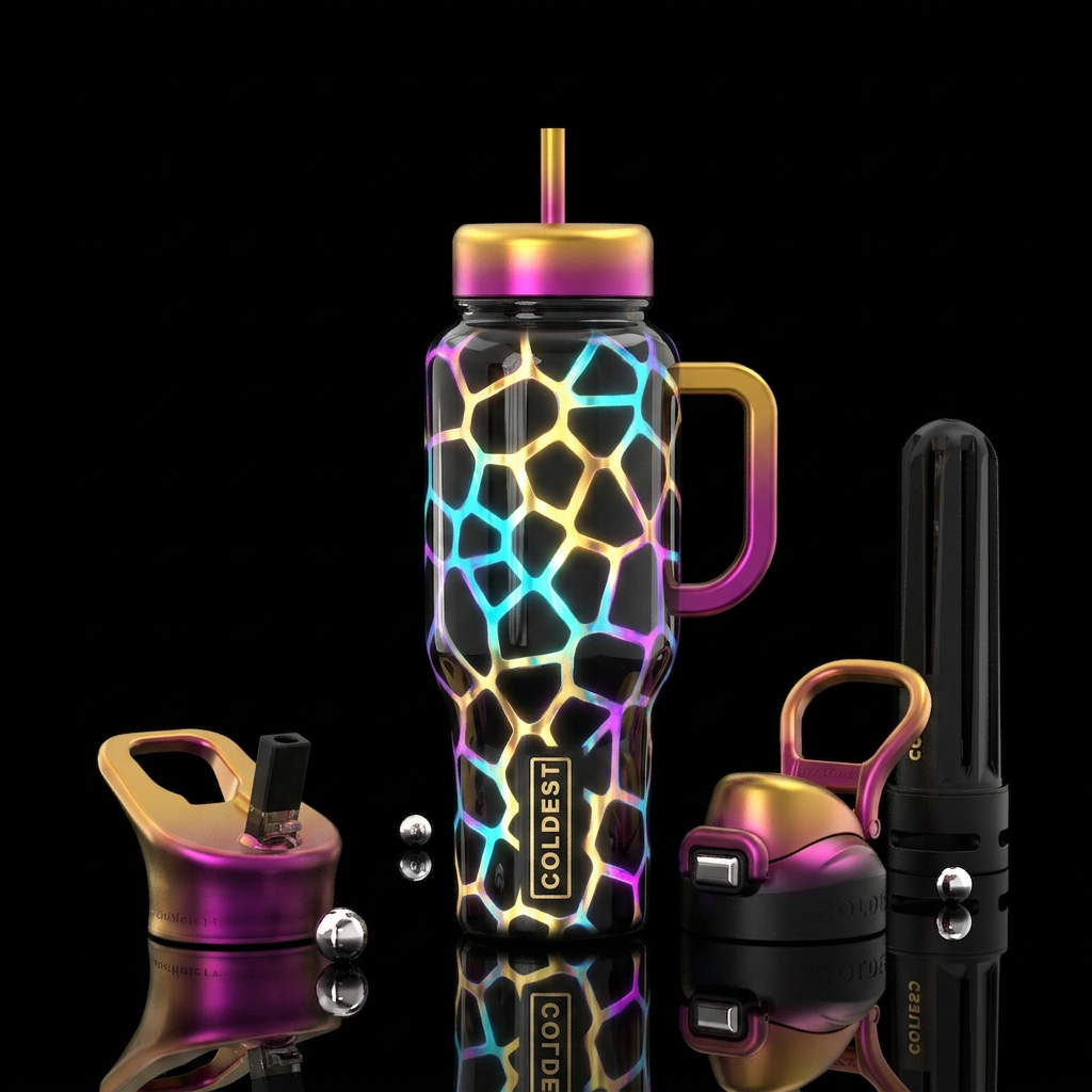 Giraffe print, Glowie,  bright vibrant shiny water bottle design