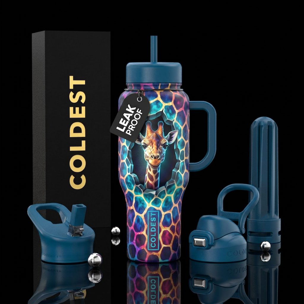 Giraffe print, colorful glowing imbued with a hole... water bottle design