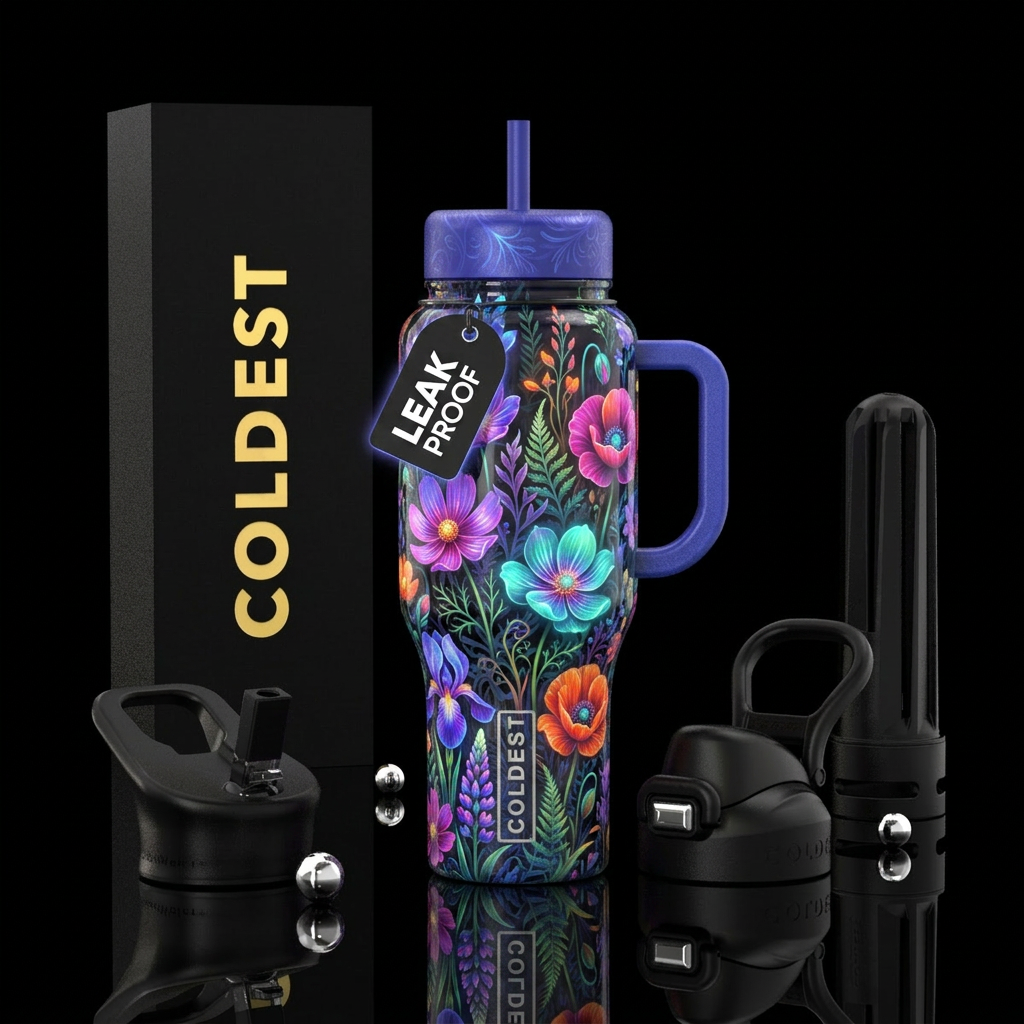 floral, meadows, glowie, shadow modern, shiny water bottle design