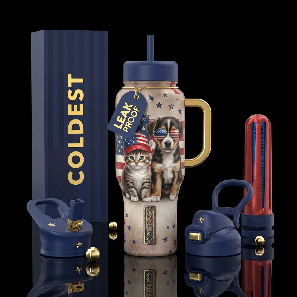 Kitten, Puppy, patriotic cap and sunglasses with t... water bottle design
