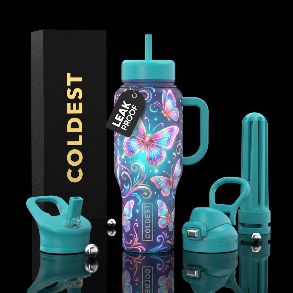 butterfly, kitty,  swirls, modern, beautiul, glowi... water bottle design