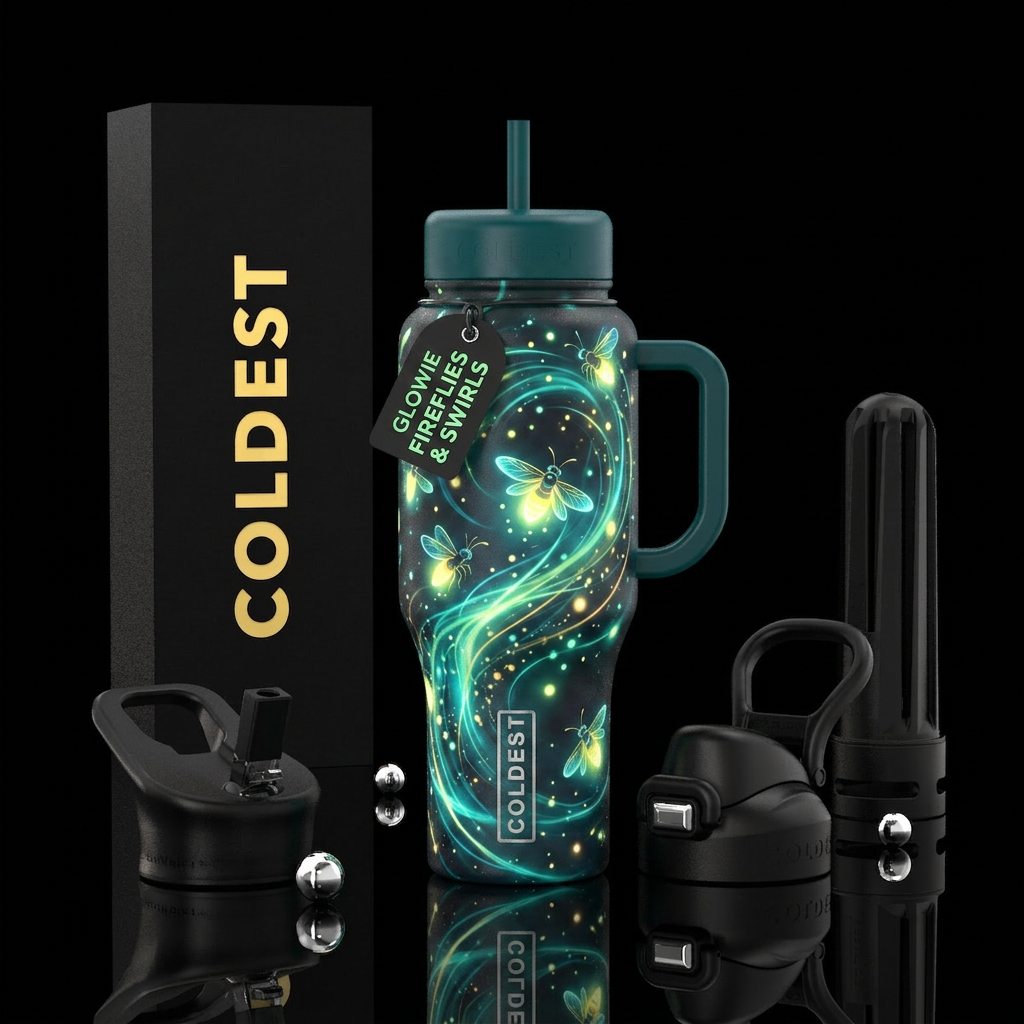 Firefly, swirls, modern, beautiul, glowie water bottle design