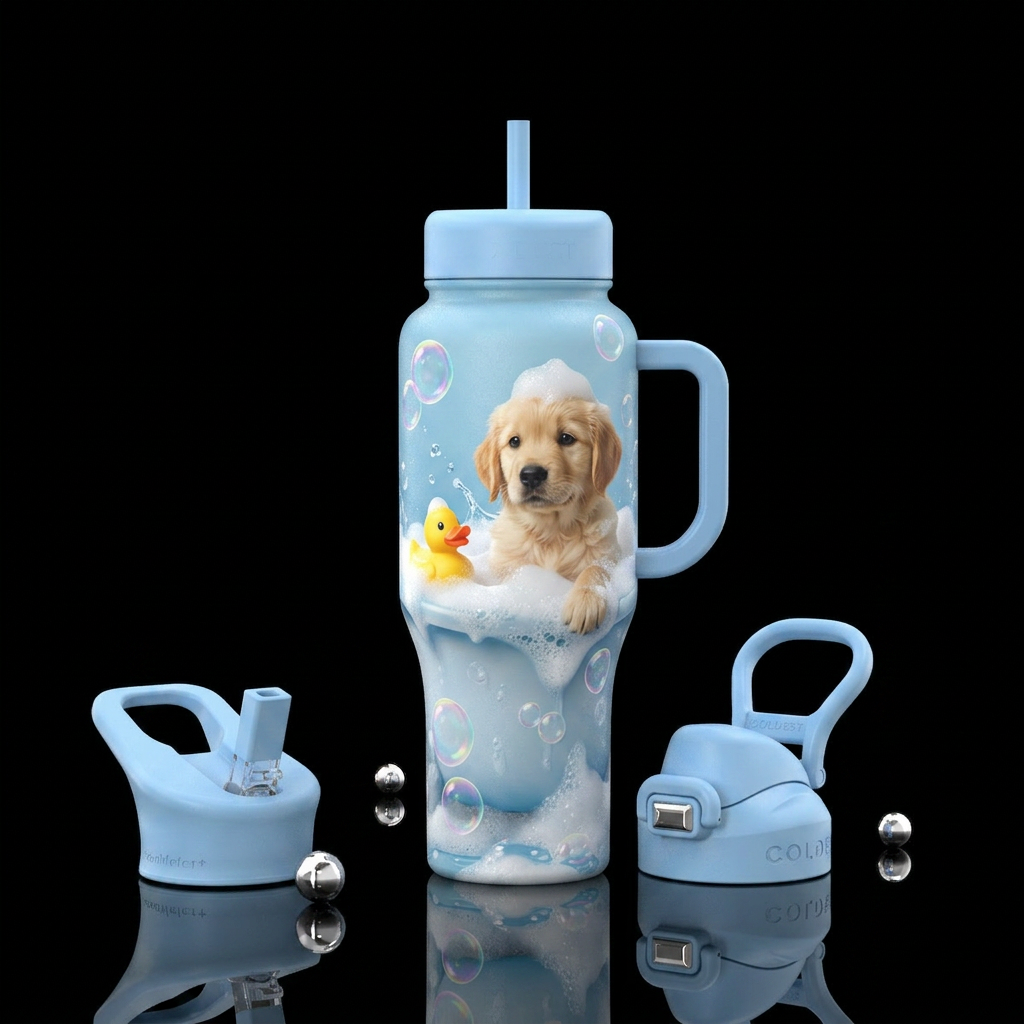 Puppy, bubble bath, baby duck, playing water bottle design
