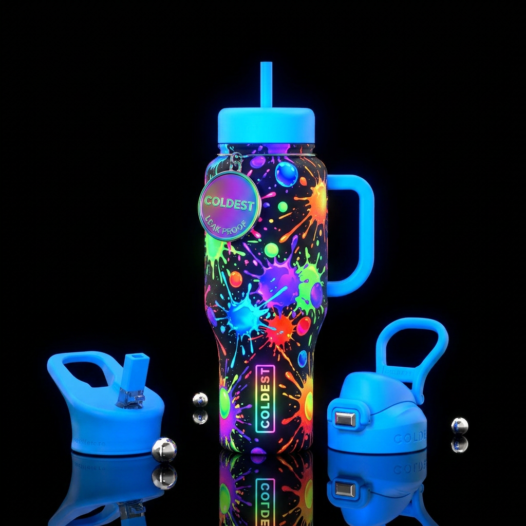 Glowie, logo, Colorful neon paint ball shots water bottle design