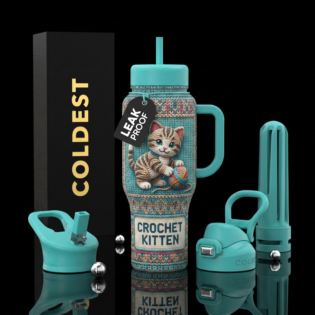 Crochet kitten with yarn ball, logo,  playing, tex... water bottle design