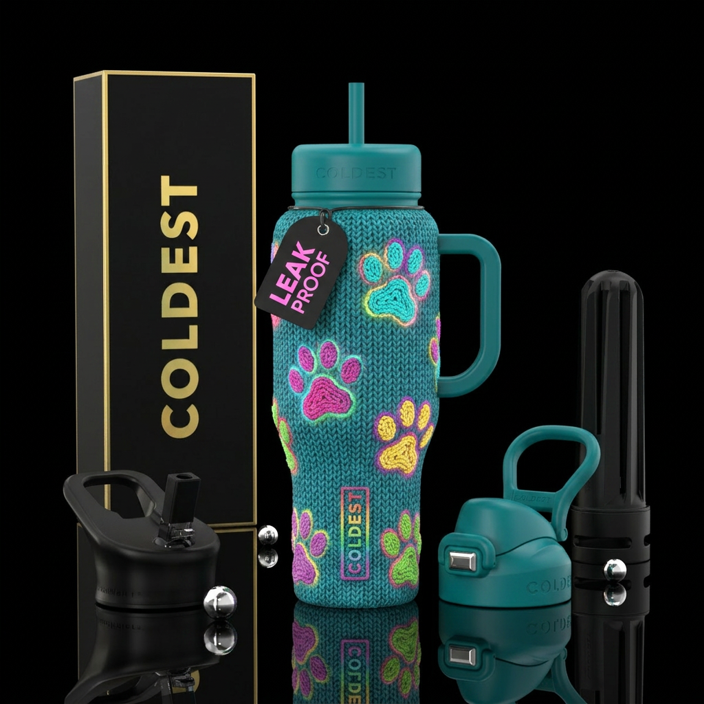 Glowie, Crochet paw prints, matching  logo, colorf... water bottle design