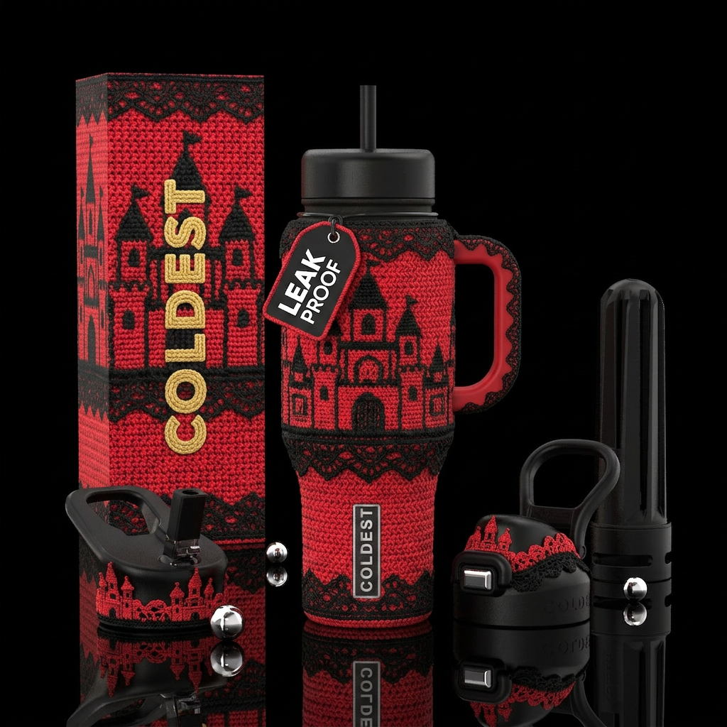 Crochet Castle,  red/black with black lace, matchi... water bottle design