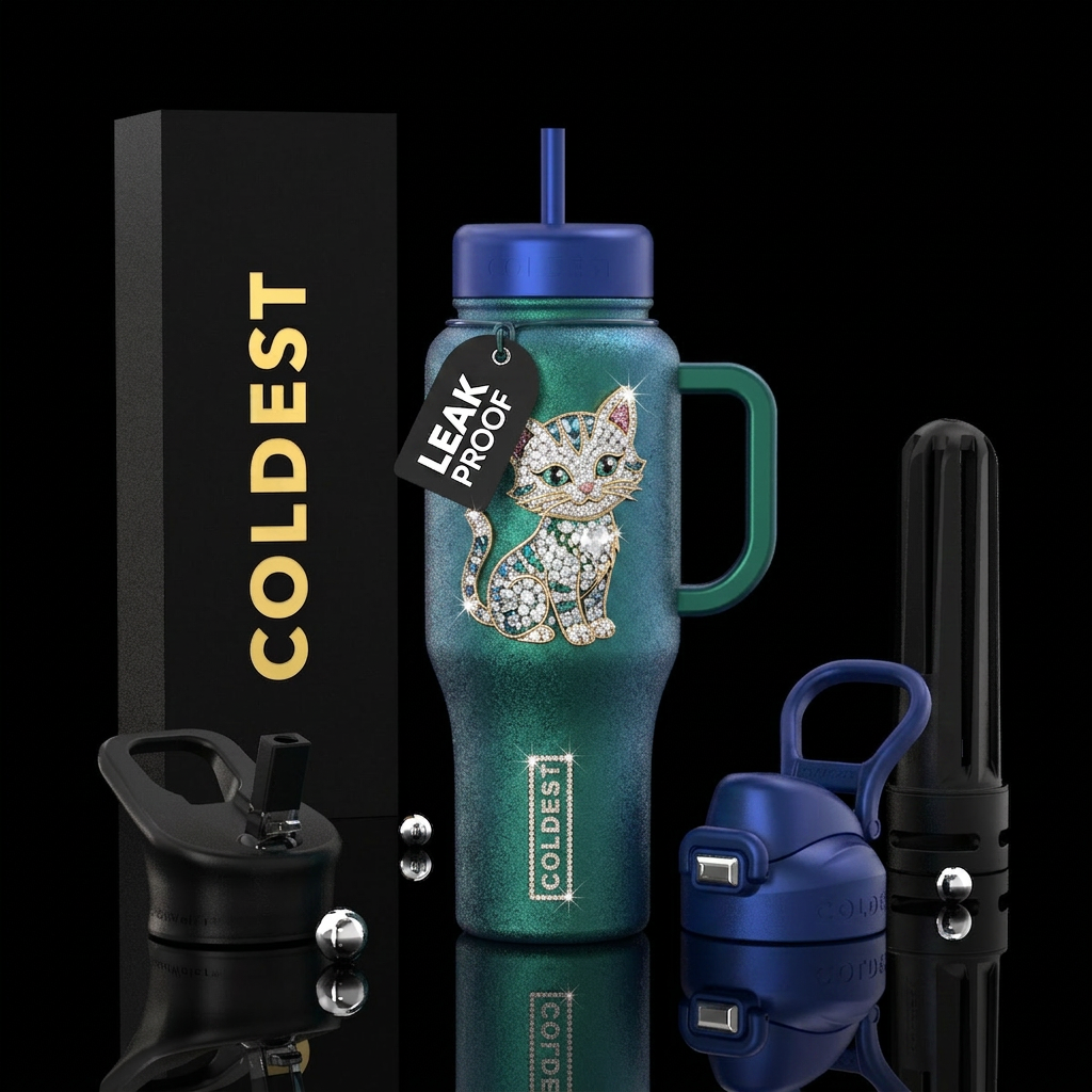 Diamond kitten & logo, sparking, textured, water bottle design