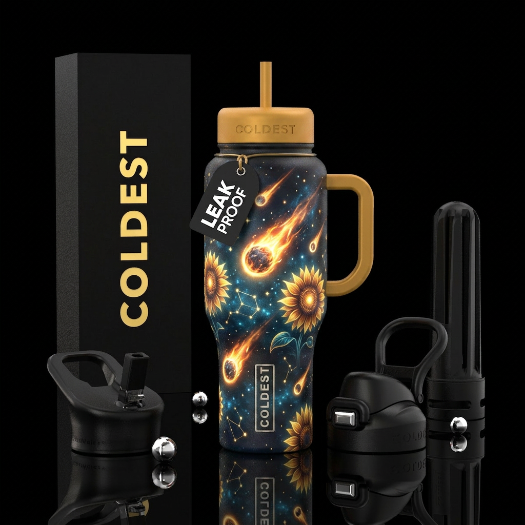 Meteors sunflowers matching logo glowy texture water bottle design