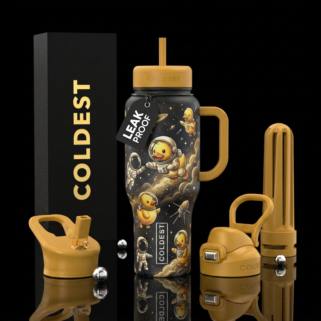 Yellow baby Space ducks, astronauts, textured water bottle design