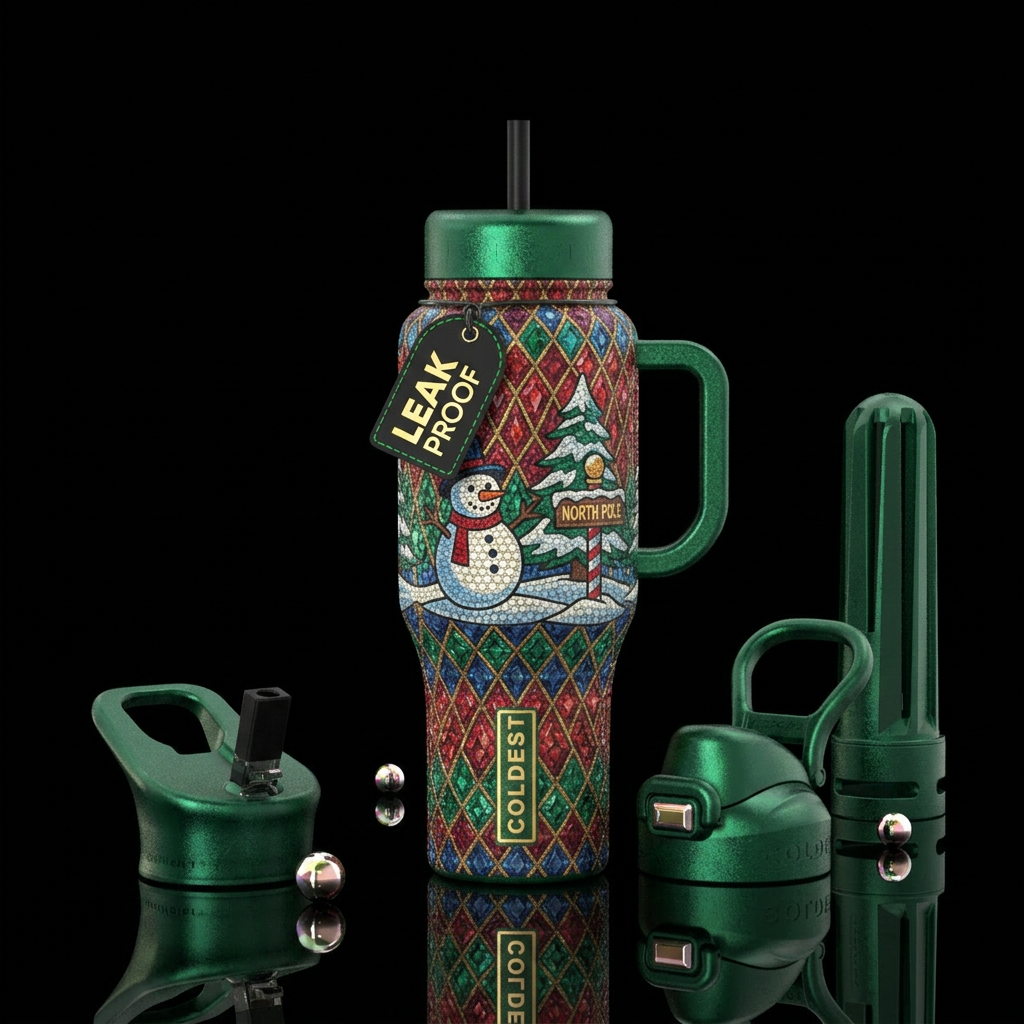 Diamond made snowman, pine tree & northpoile sign,... water bottle design
