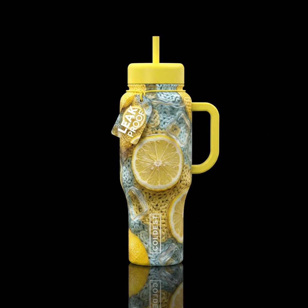 Crochet, water, lemon slices, ice, water bottle design