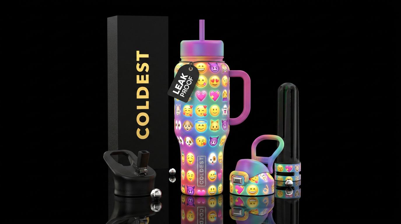 Different glowing emoji,  colorful,  textured water bottle design