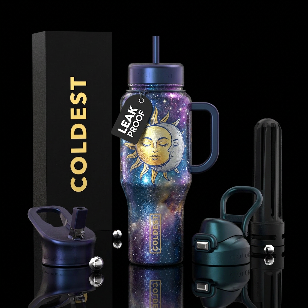 Sun meets moon, starring sparkly galaxy,  vibrant water bottle design
