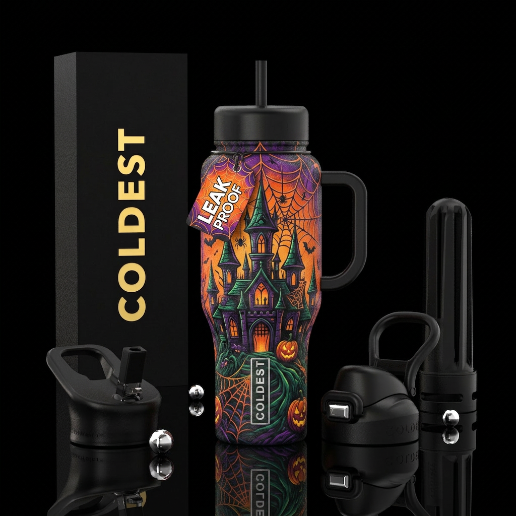 Halloween spider web castle, scary, haunted, textu... water bottle design