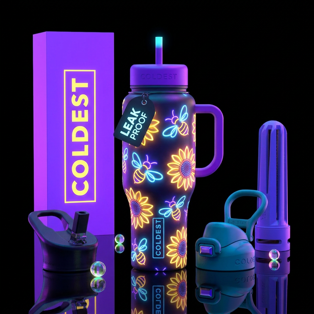 Glowie bee & Sunflower,  neon, vibrant water bottle design