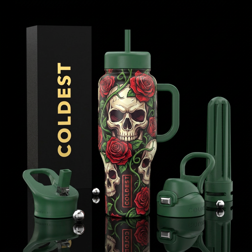 Skull, red roses ,green vines, shiny matching logo water bottle design