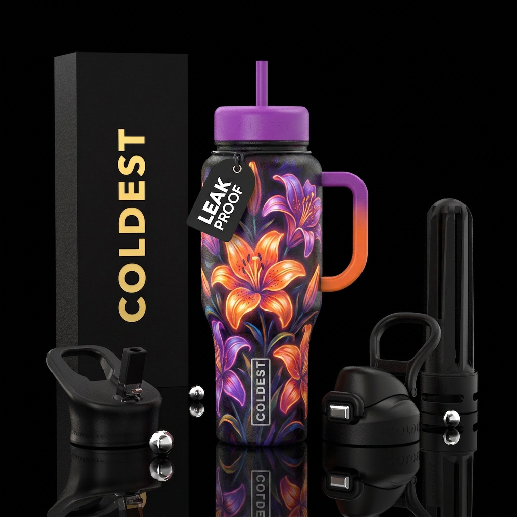 Orange & Purple lily,  glowie,  vibrant, oil paint... water bottle design