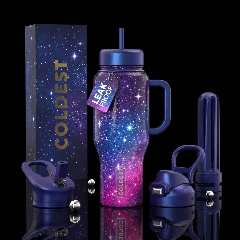 Galaxy ombre, starring, sparkling bright water bottle design