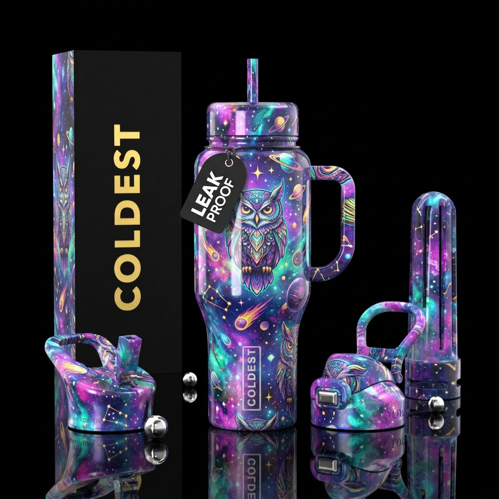 Galaxy Owl, beautiful colors, shiny, water bottle design