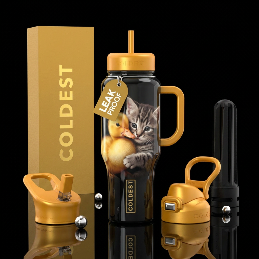 Real baby duck & a kitten snuggling together,  bea... water bottle design