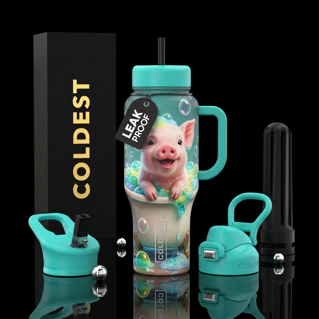 Baby piggy in the bathtub with bubble bath, colorf... water bottle design