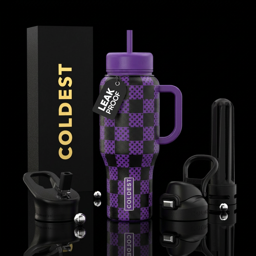Polka dot checkers black and purple water bottle design