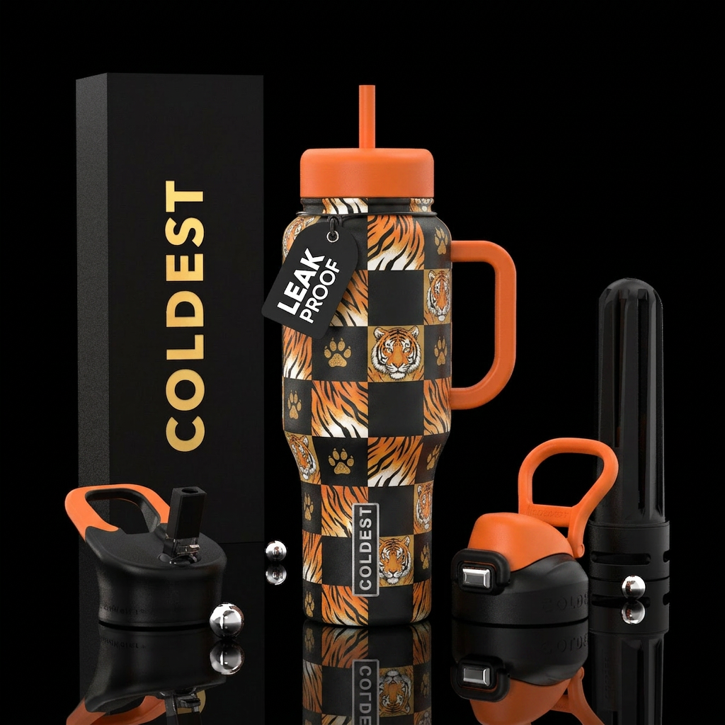 Tiger & black checkers water bottle design