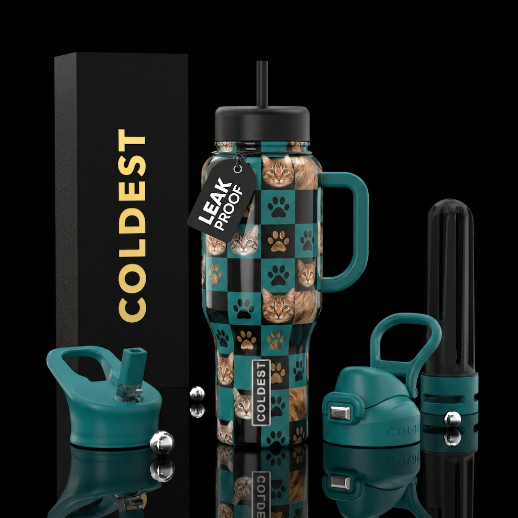 Cat fur, cat faces & paws & black checkers water bottle design