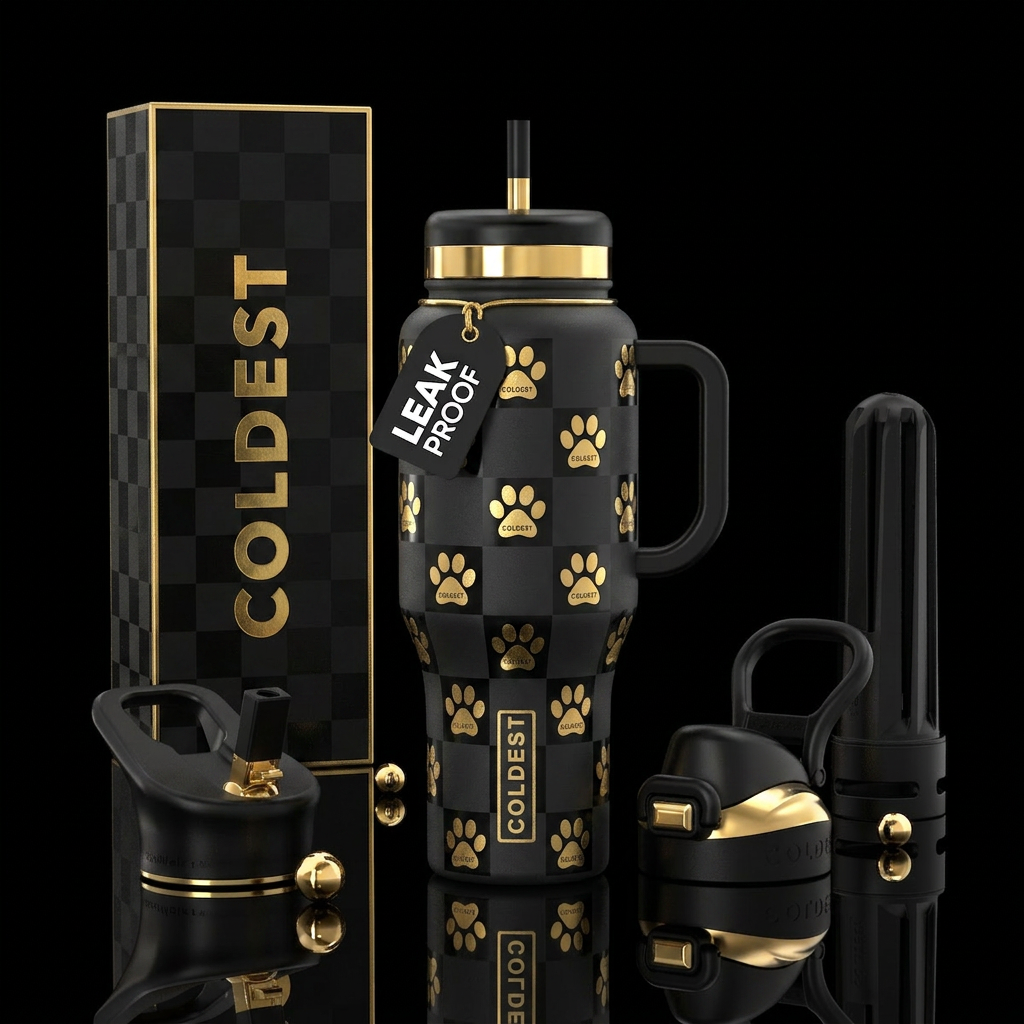 Gold paws & logo on every other black checker water bottle design