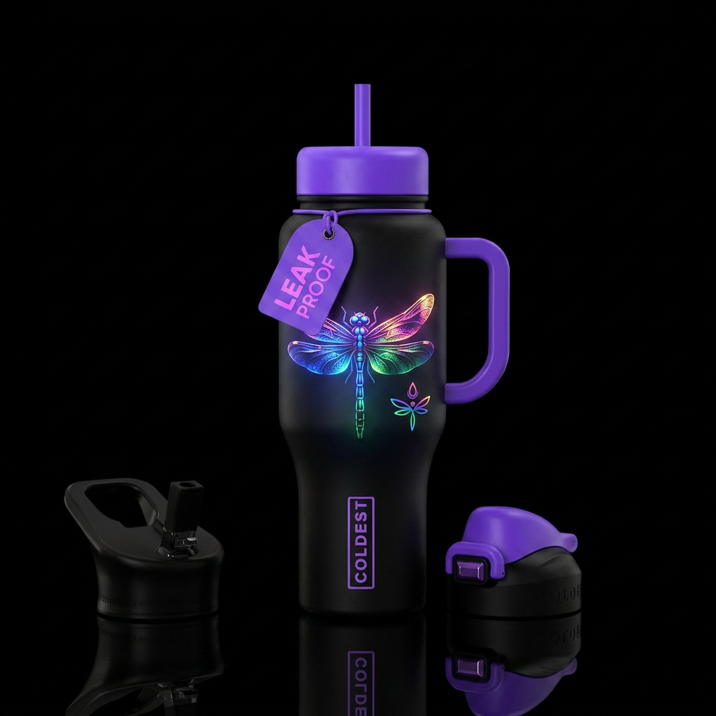 Bright glowing dragonfly & logo, vibrant,  colorfu... water bottle design