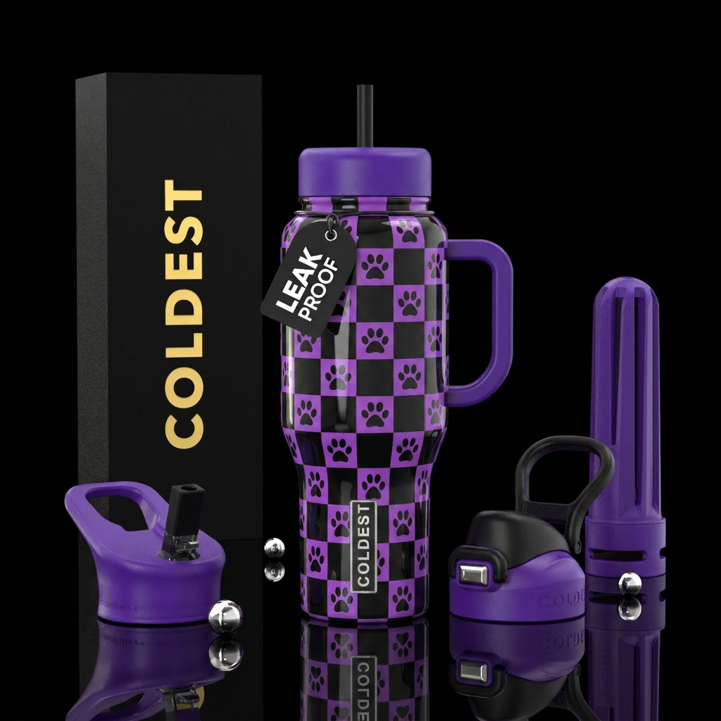 Black paws on Purple & black checkers water bottle design