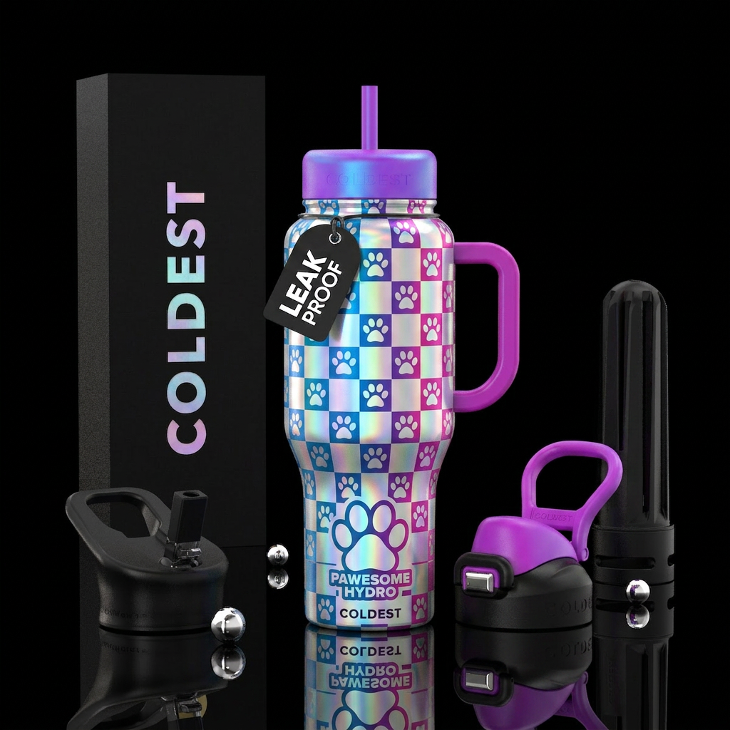 Holographic paws & logo, checker format water bottle design