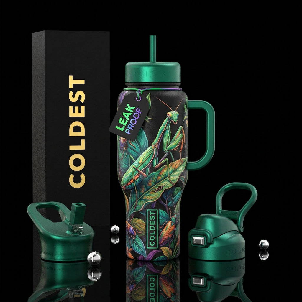 Praying mantis on a leaf water bottle design
