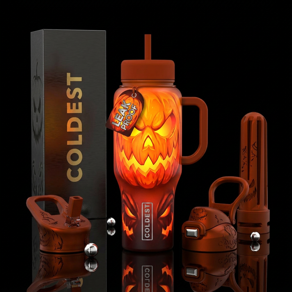 Scary pumpkin head, creepy water bottle design