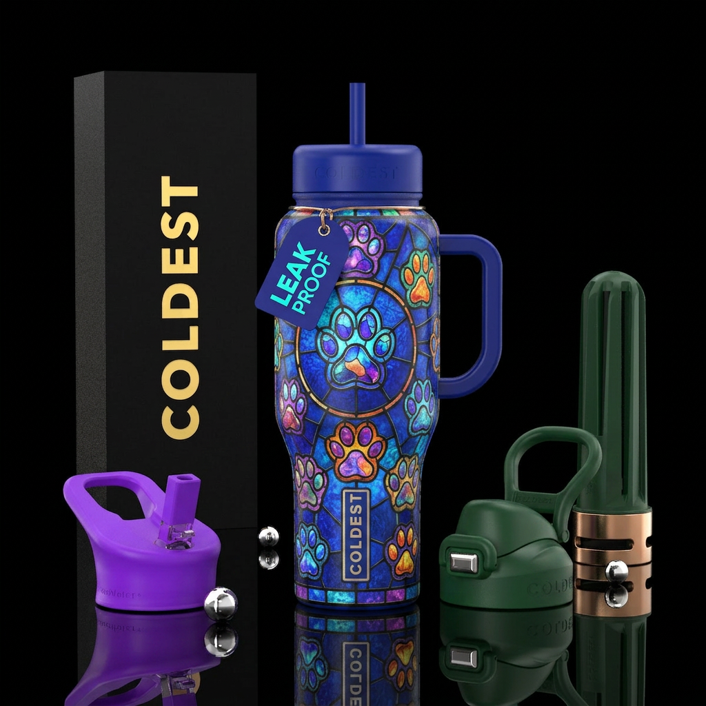Paws, Stained glass, glowie, vibrant water bottle design