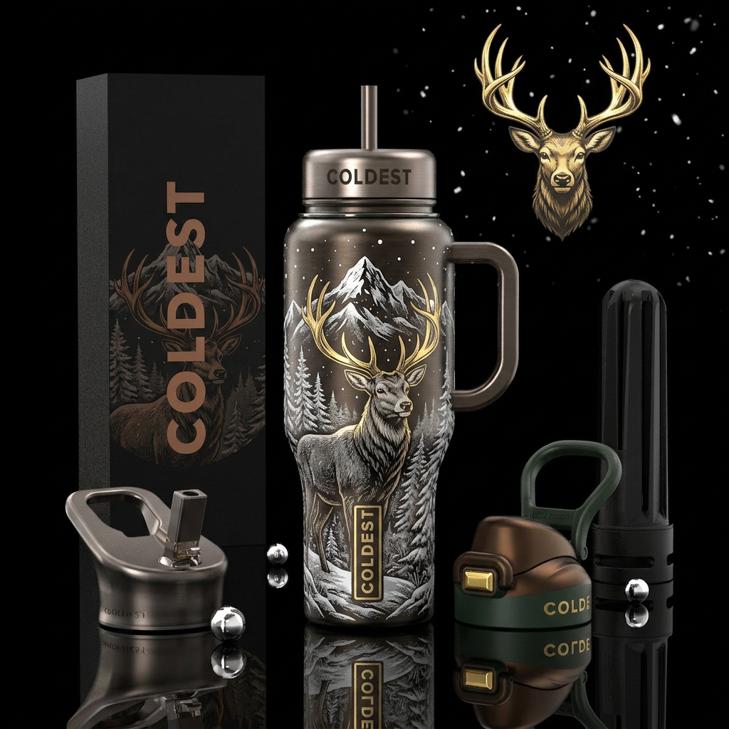 Buck, Golden horns & Logo, Snow, mountains water bottle design