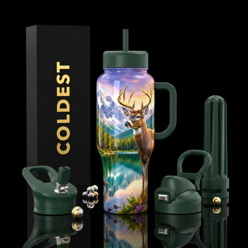 Buck, golden horns, beautiful scenery water mounta... water bottle design