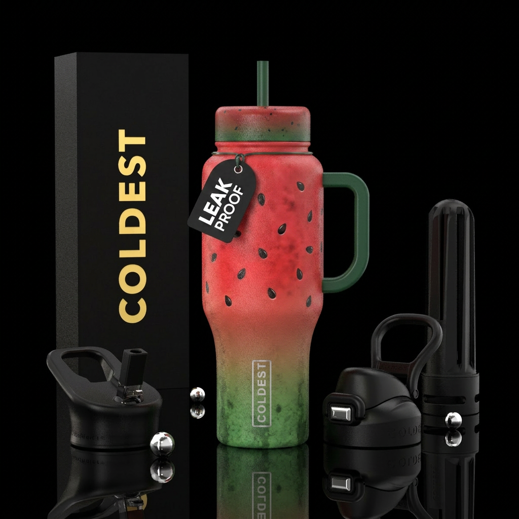 Red & green ombrewith black watermelon seeds, text... water bottle design