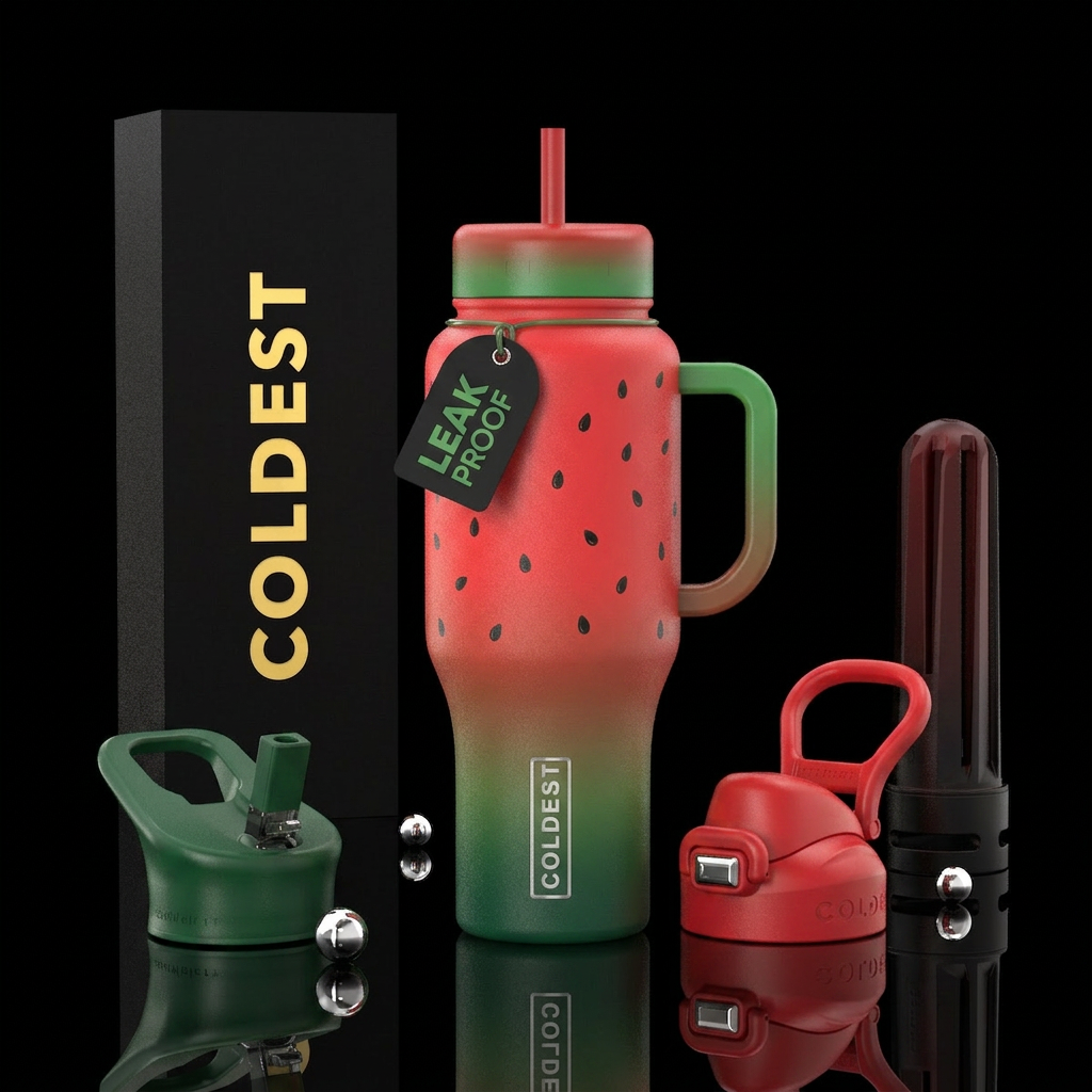 Red & Green ombre  glowie watermelon with seeds water bottle design