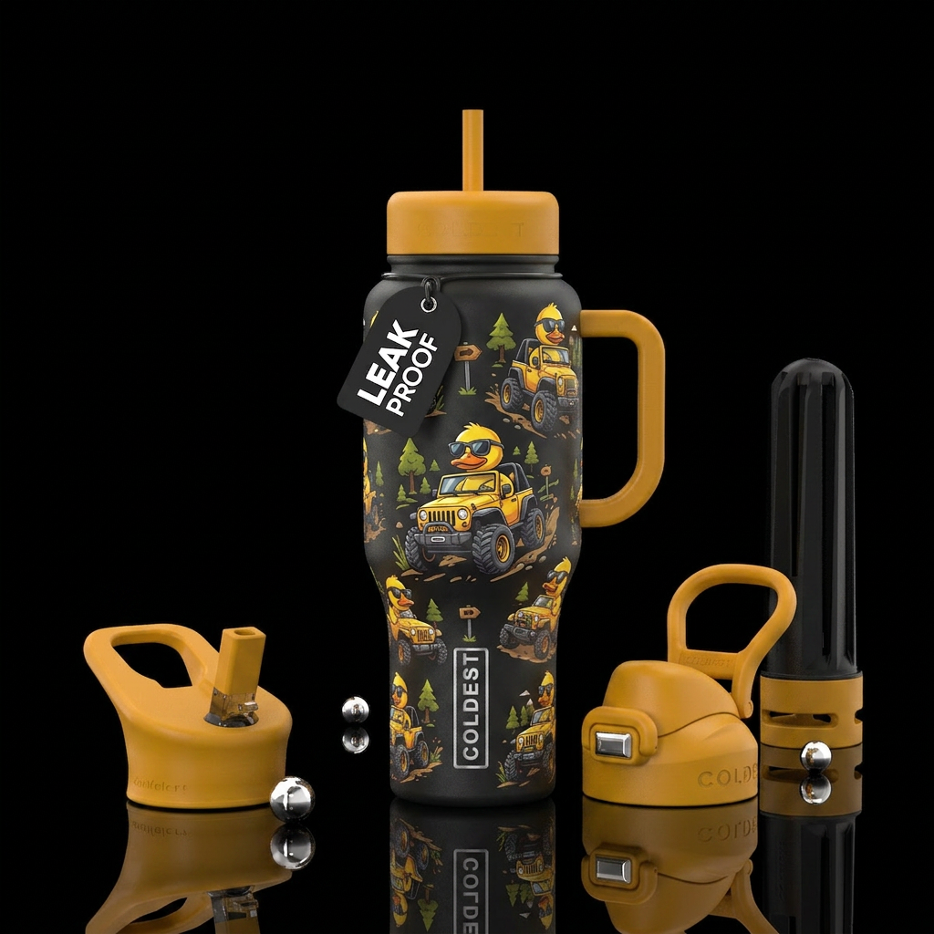 Yellow duckies, driving a jeeps, sunglasses water bottle design