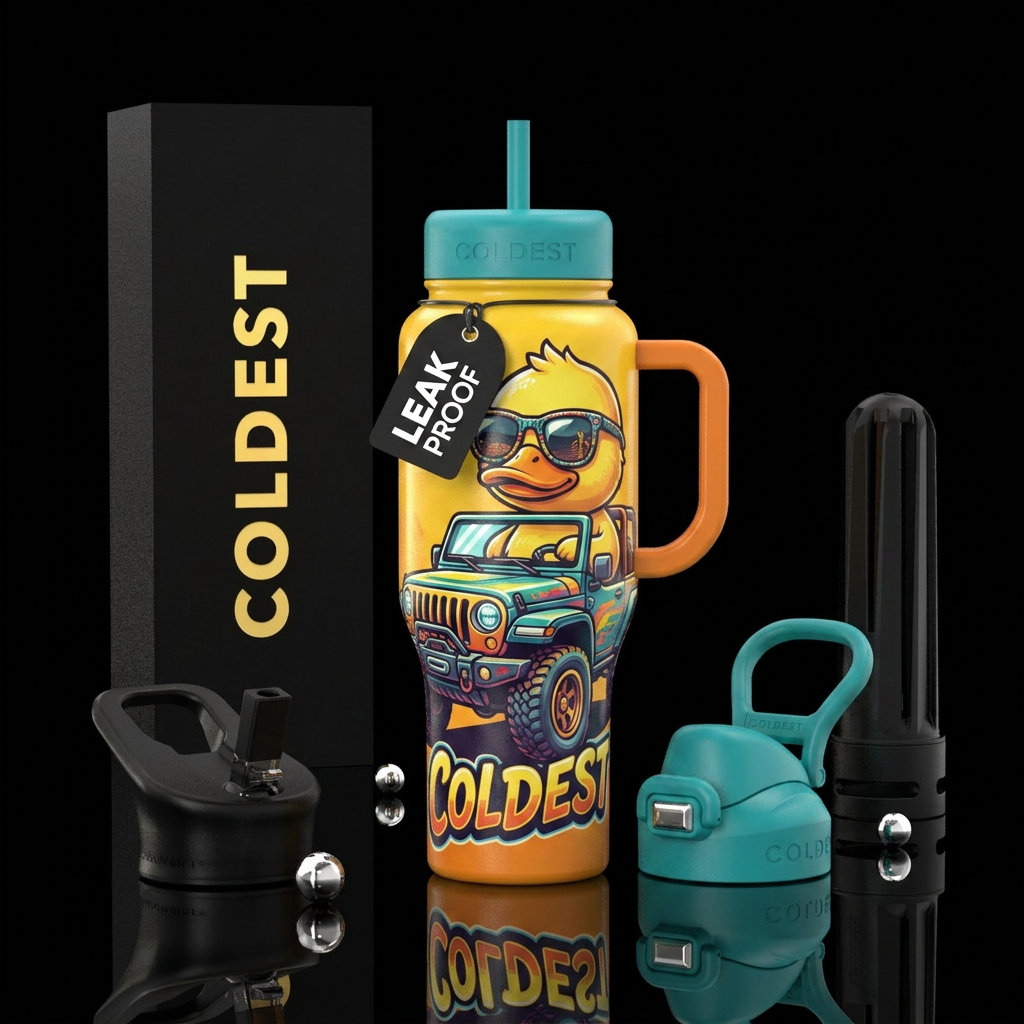 DYellow duck, driving a jeep, making logo, shades water bottle design