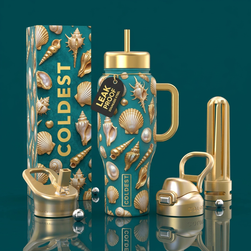 Gold & Pearl seashell on a teal background,  beaut... water bottle design