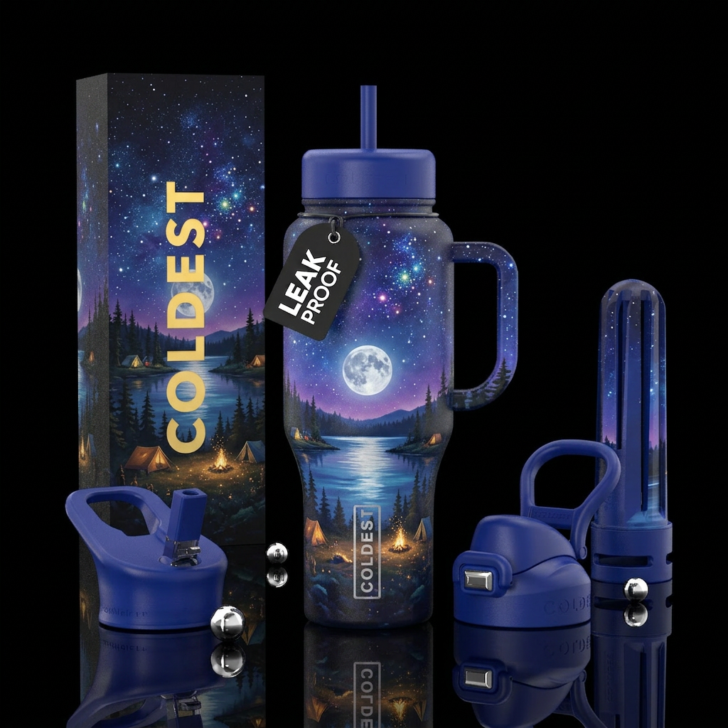 Moon & stars night time over a lake, with camping ... water bottle design