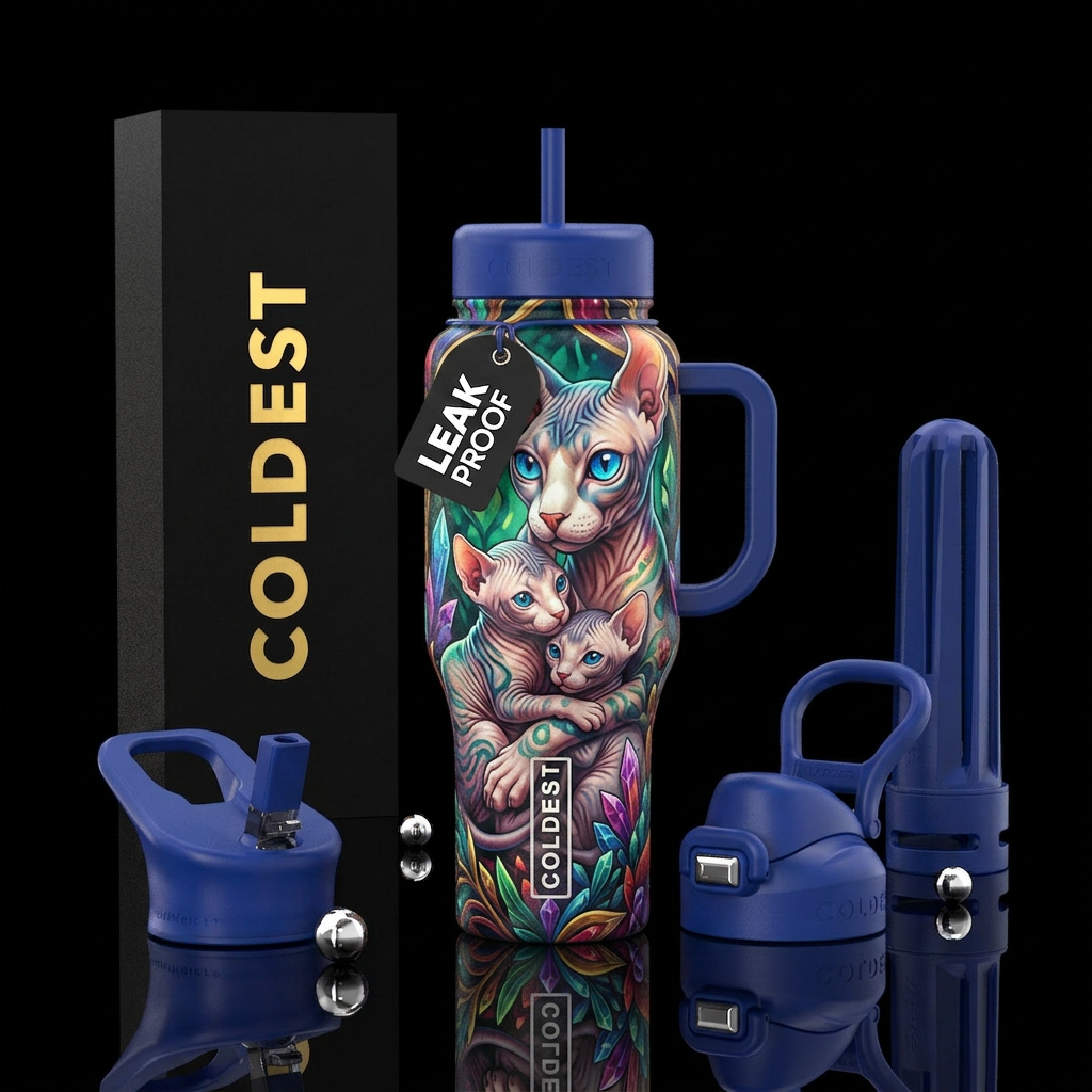 Hairless cat & 2 kittens, shiny beautiful water bottle design