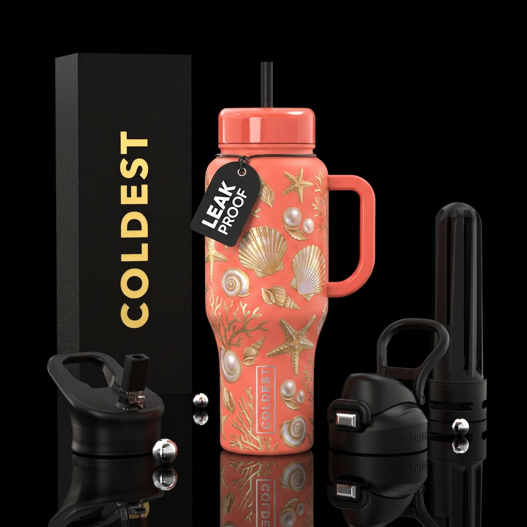 Gold & pearl seashells on a coral colored bottle, ... water bottle design