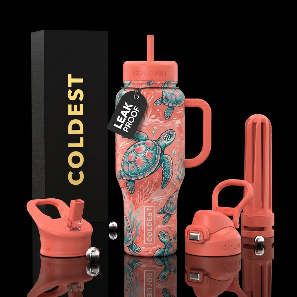 Coral colored  bottle teal & Pink turles water bottle design