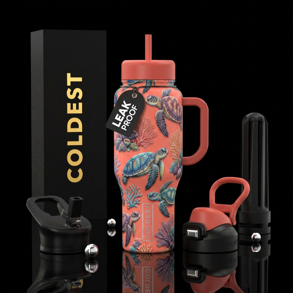 sea turtles on a coral colored background, pretty,... water bottle design